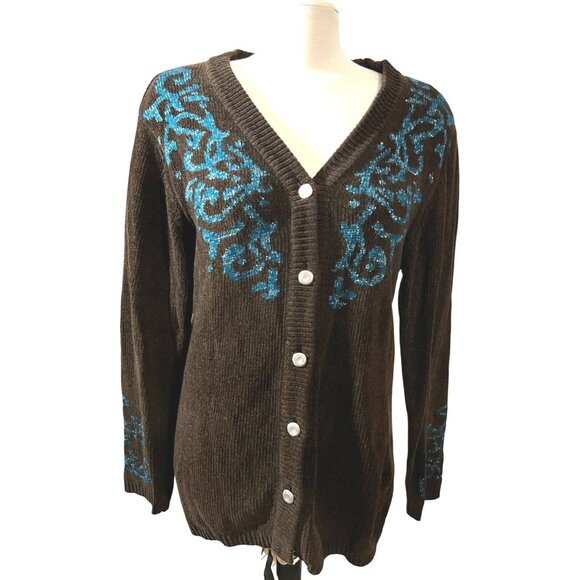 Vintage V Neck Sparkly Cardigan by Gantos Sz Medium Brown & Blue Glittery - Picture 5 of 10